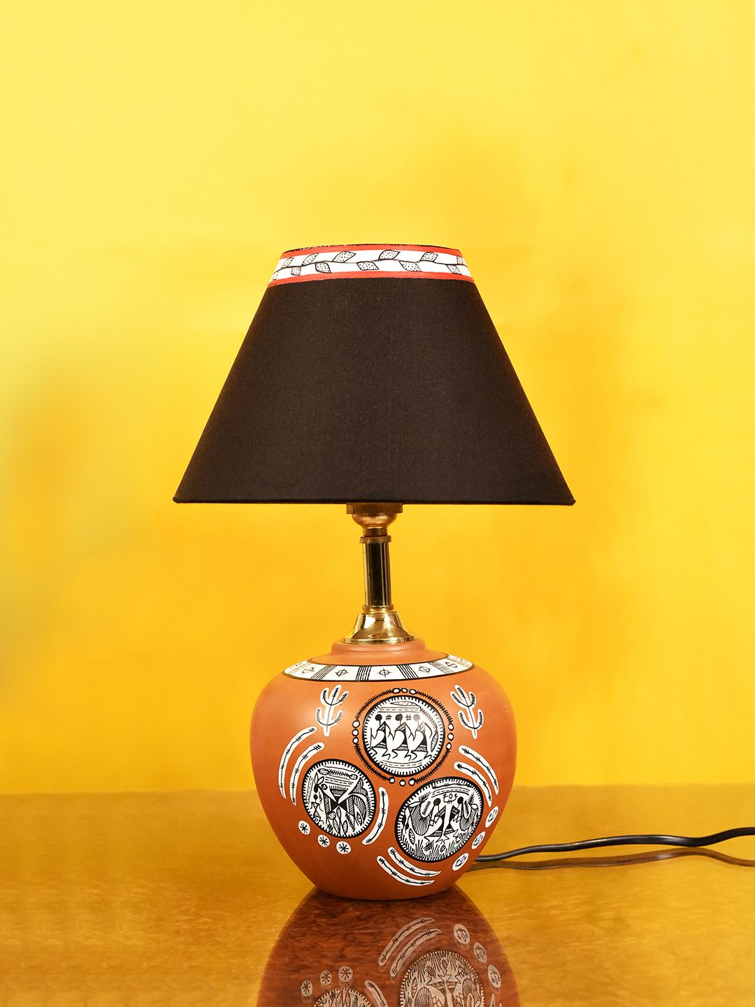 Unravel India Brown Hand-Painted Worli Terracotta Table Lamp Price in India