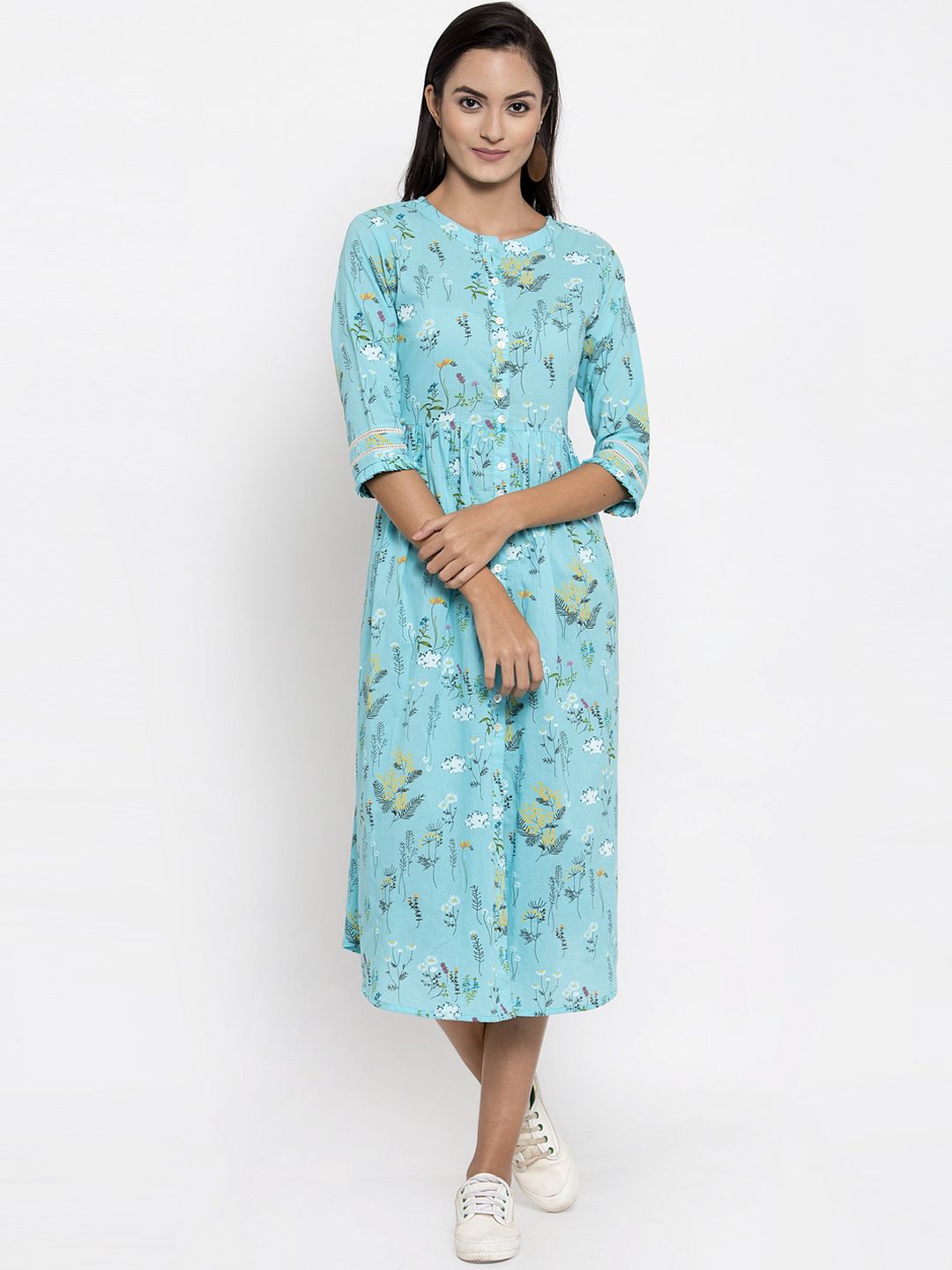 Indibelle Women Blue Printed Fit and Flare Dress Price in India