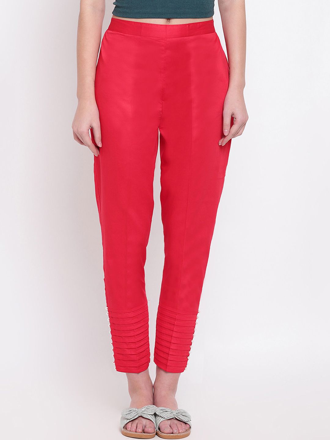 RIVI Women Red Regular Fit Solid Peg Trousers Price in India