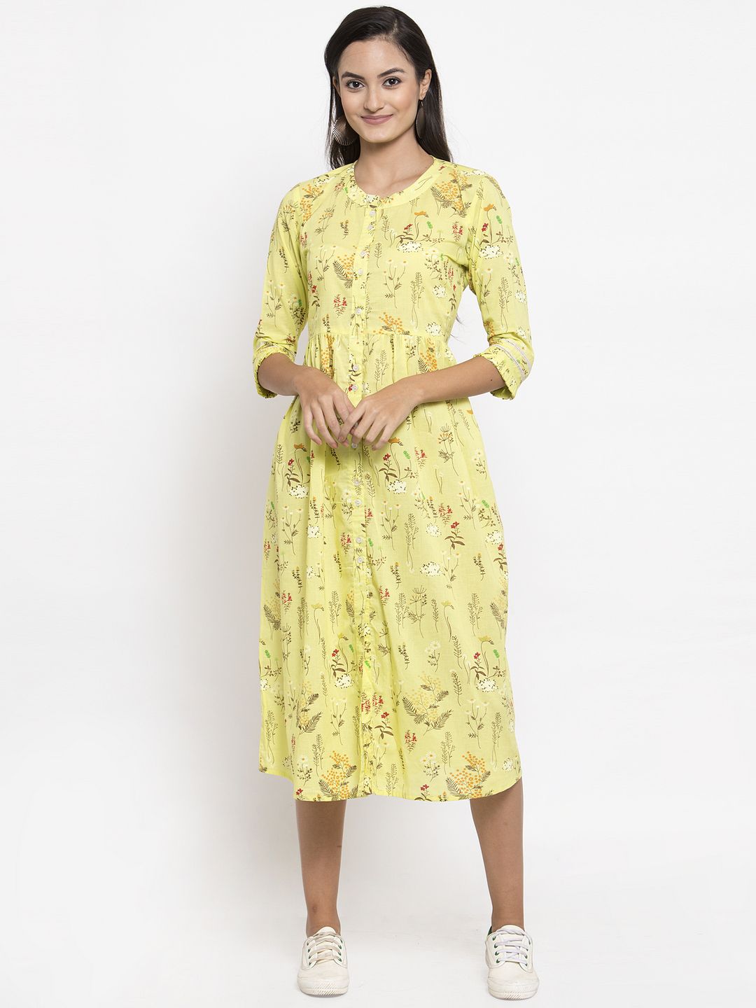 Indibelle Women Yellow Printed Fit and Flare Dress Price in India
