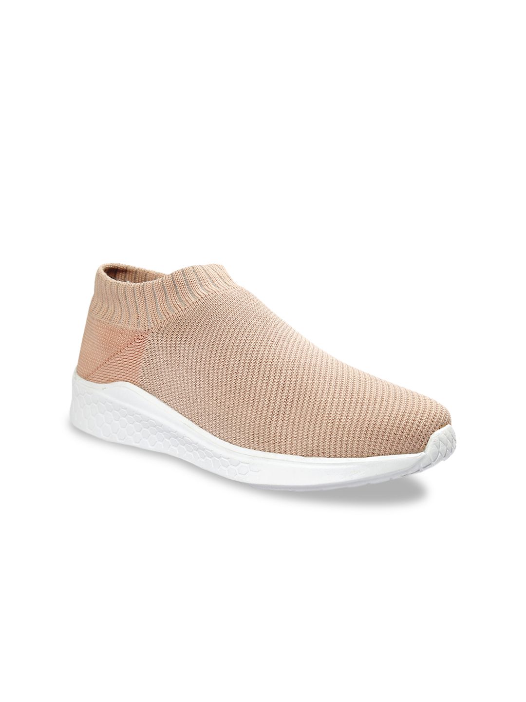 meriggiare Women Peach-Coloured Woven Design Mesh Mid-Top Flyknit Slip-On Sneakers Price in India