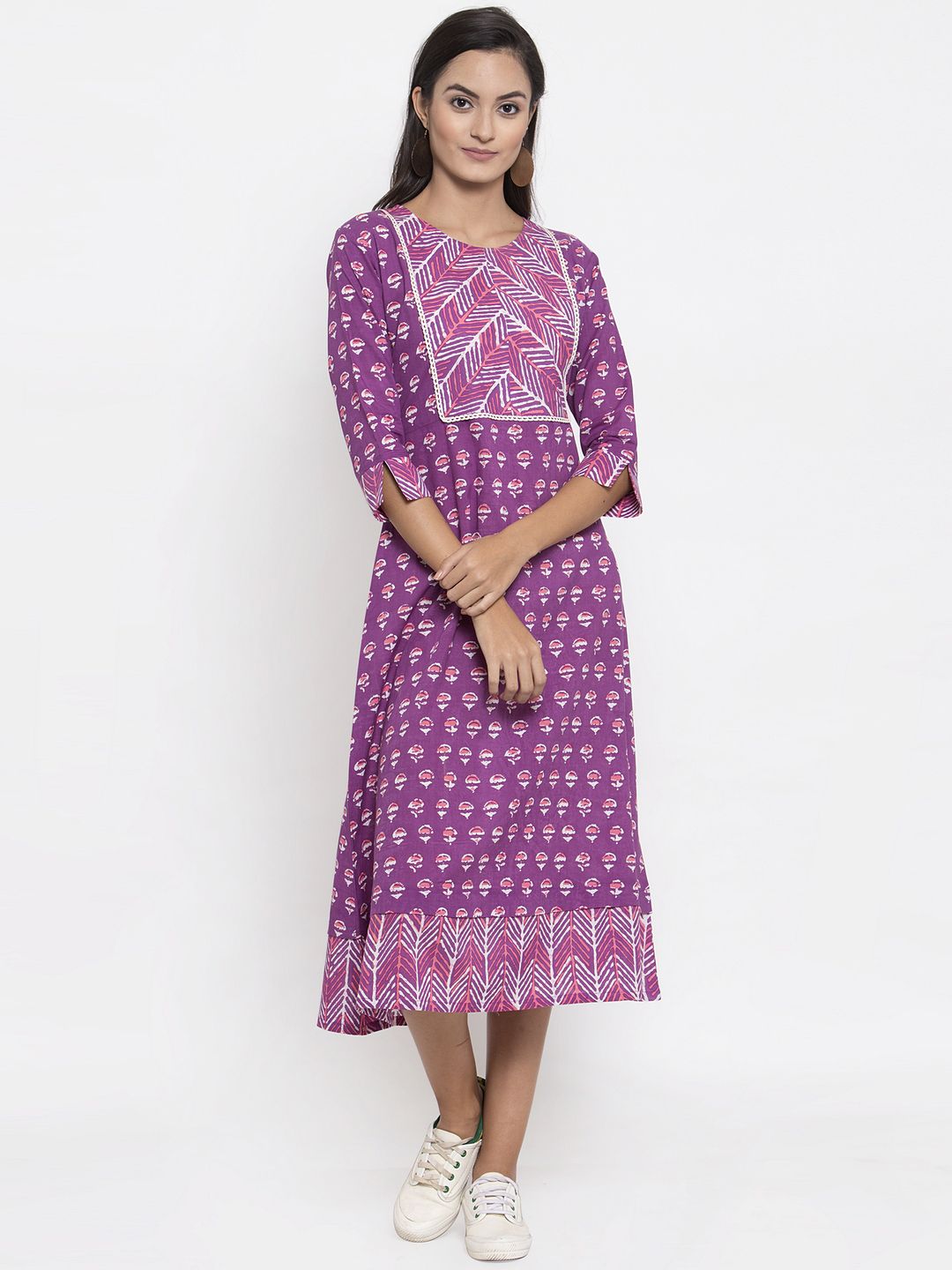 Indibelle Women Purple Printed Fit and Flare Dress Price in India