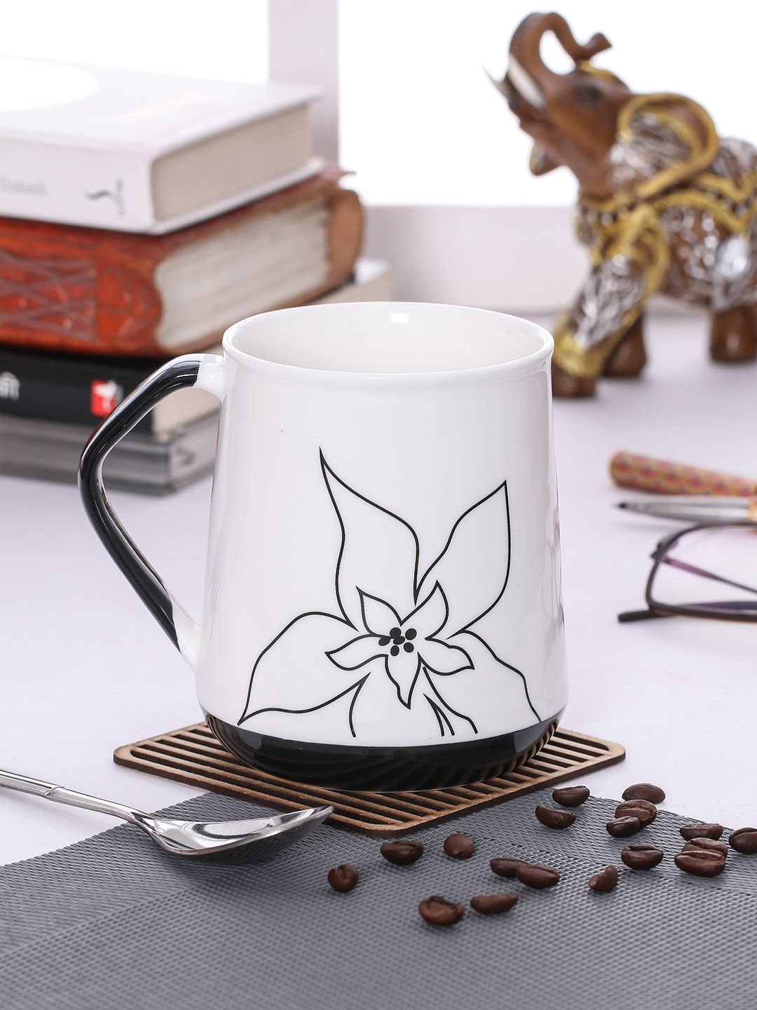 JCPL White & Black Printed Porcelain Big Milk Mug 350 ml Price in India