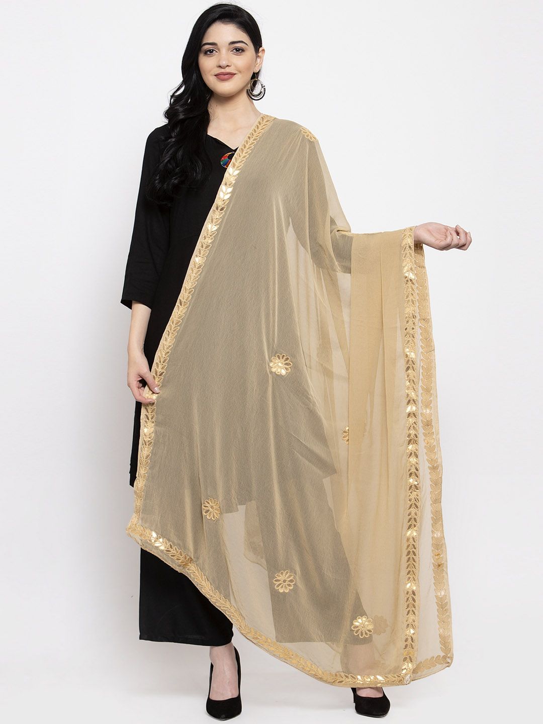 Clora Creation Beige & Gold-Coloured Gotta Patti Dupatta Price in India