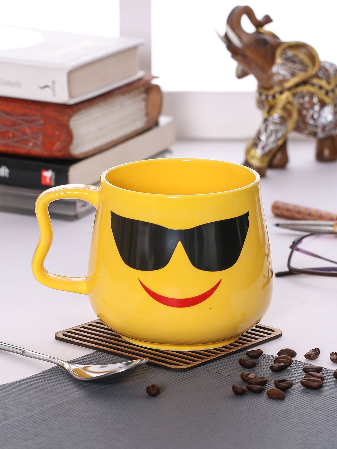 JCPL Set Of 2 Yellow Printed Porcelain Big Emoji Milk Mugs Price in India