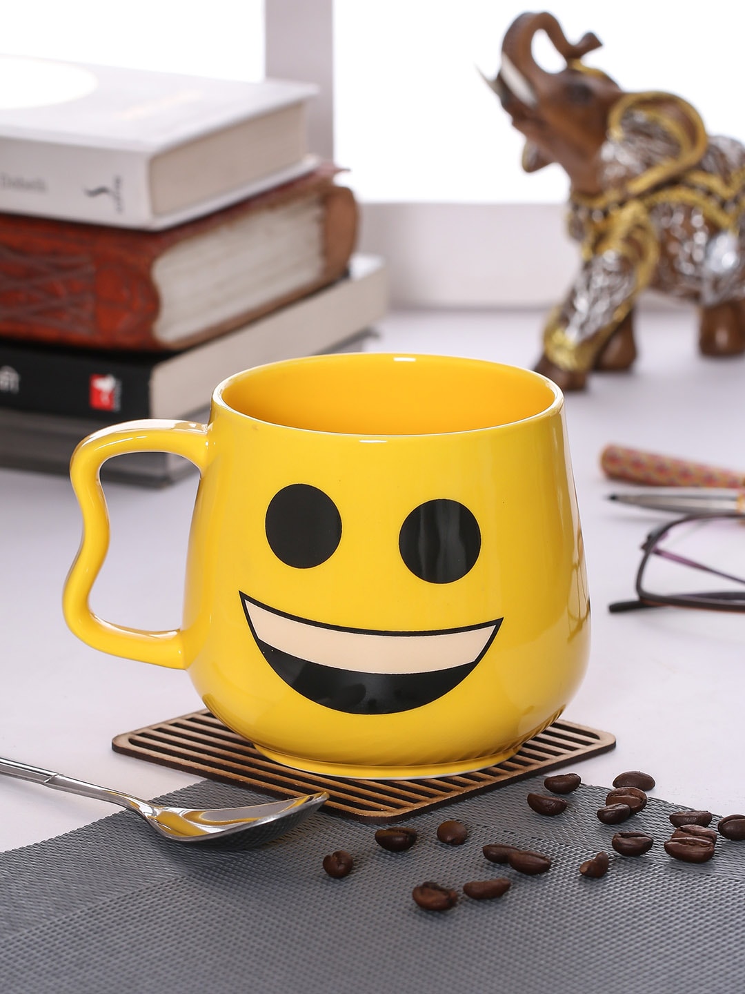 JCPL Unisex Set of 2 Yellow & Black Printed Porcelain Big Emoji Milk Mugs 350 ml Price in India
