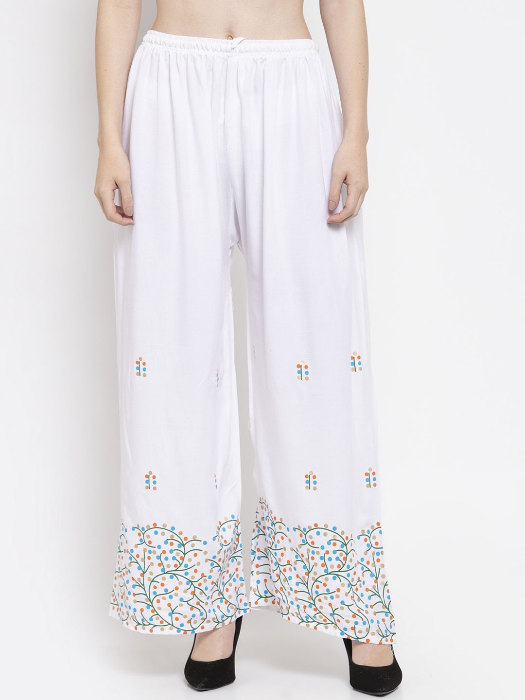 Clora Creation Women White Printed Wide Leg Palazzos Price in India