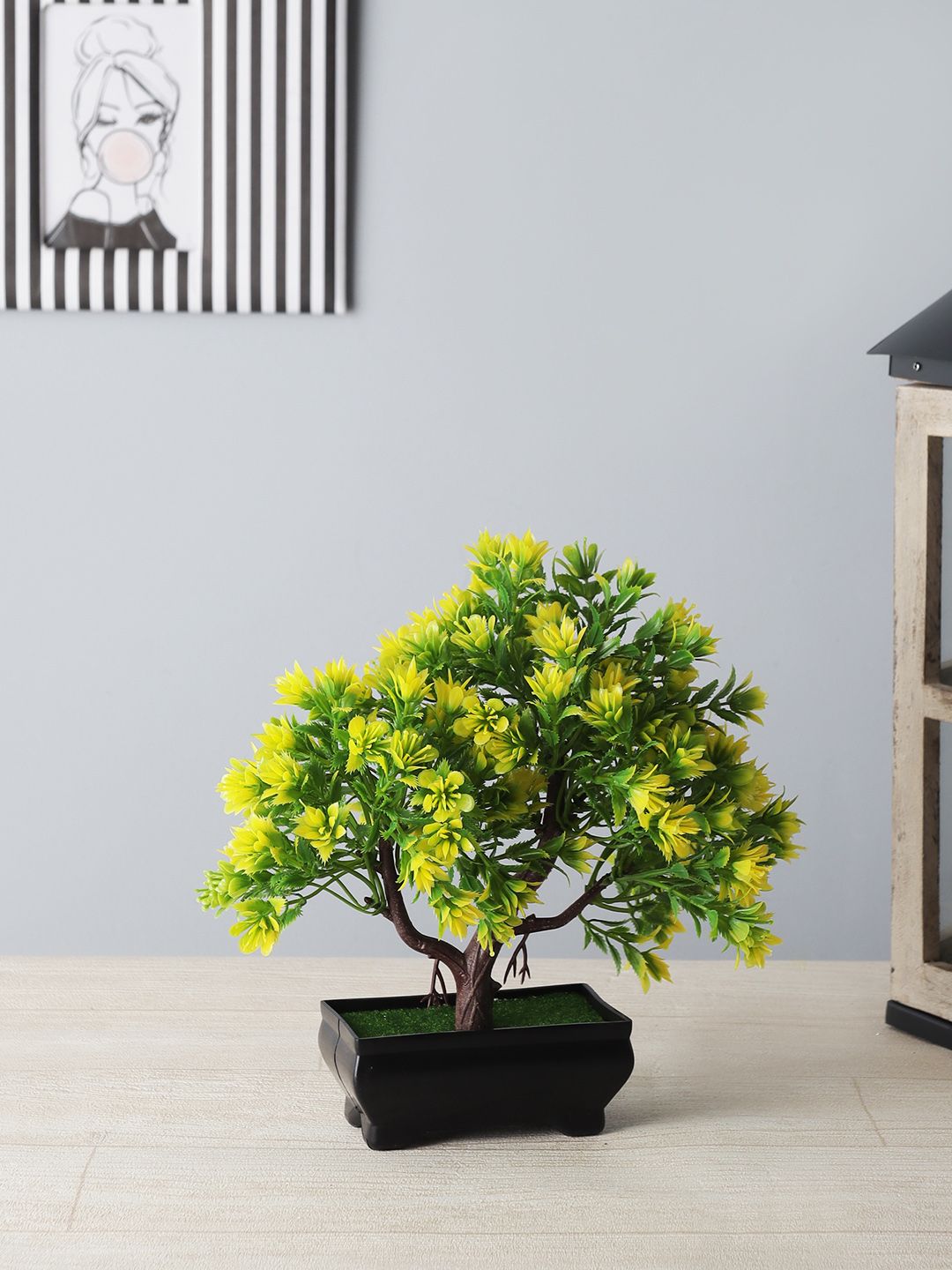 FOLIYAJ Green & Yellow Artificial 3 Branched Bonsai Tree Plant with Pot Price in India
