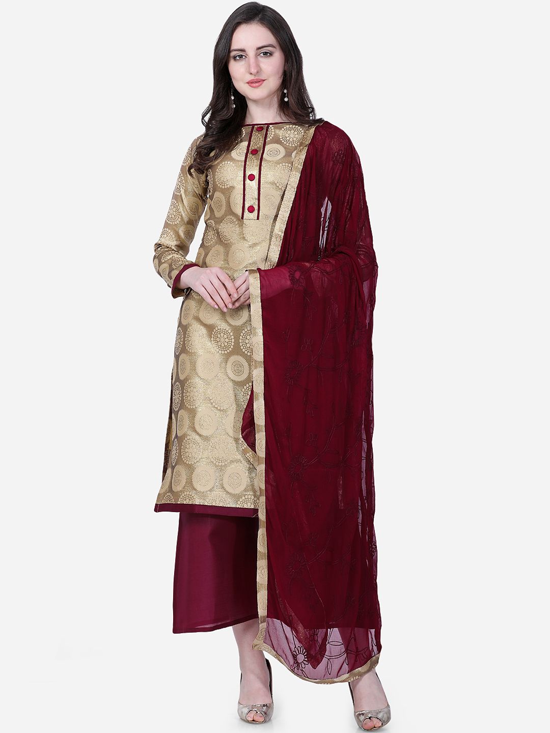 DIVASTRI Gold-Toned & Maroon Poly Silk Unstitched Dress Material Price in India