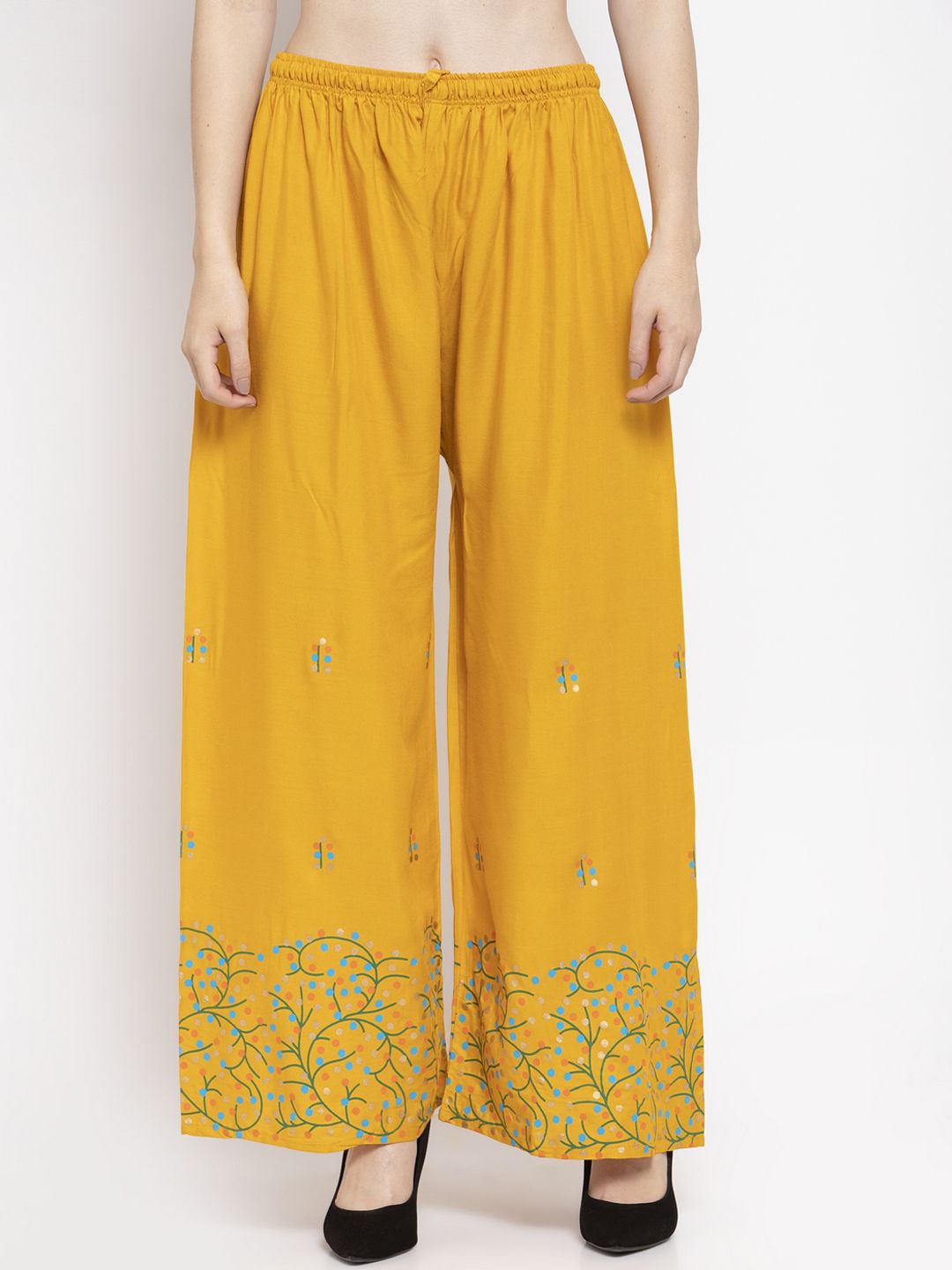 Clora Creation Women Mustard Yellow Printed Wide Leg Palazzos Price in India