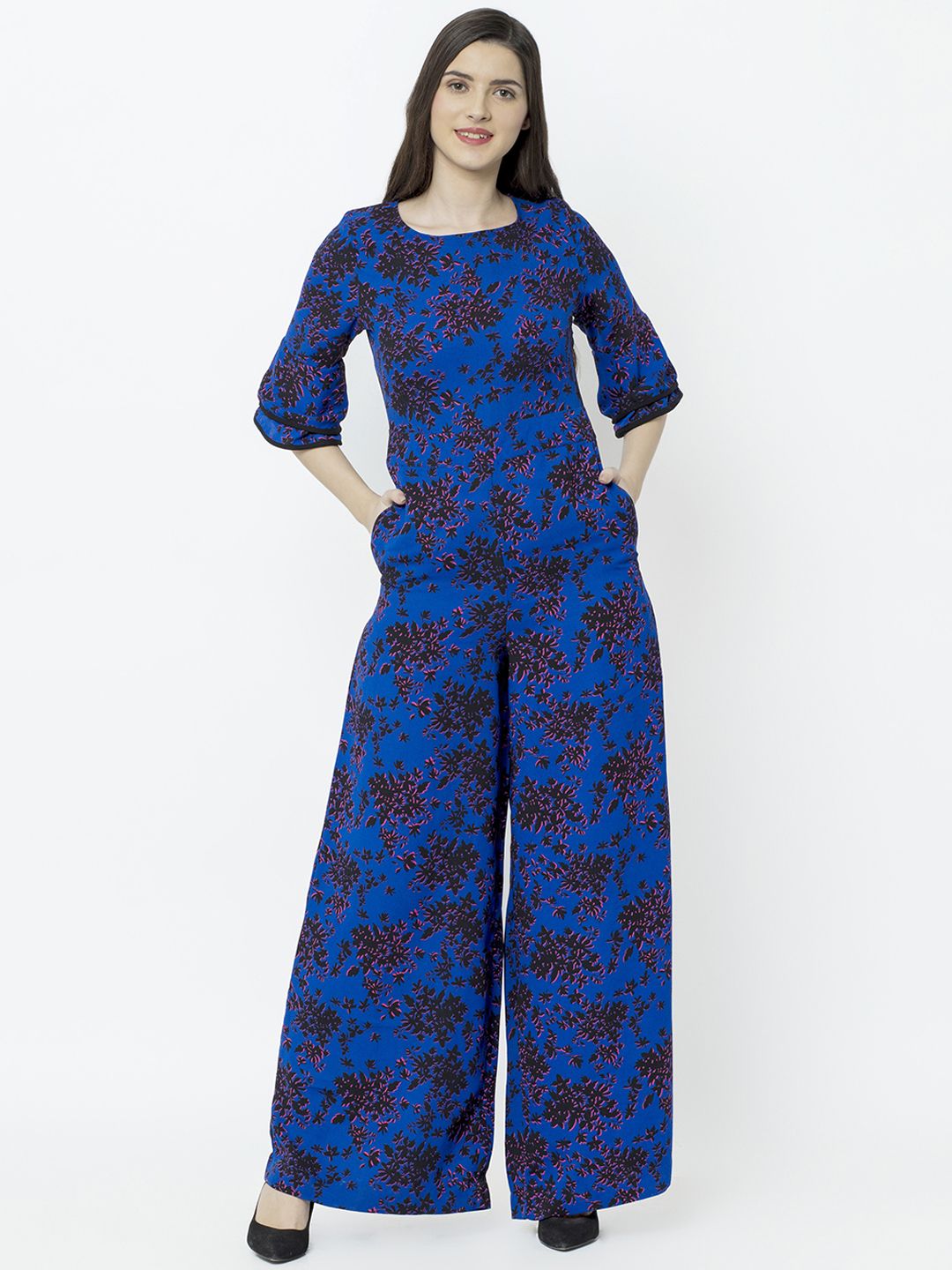 SQew Women Blue & Black Printed Basic Jumpsuit Price in India