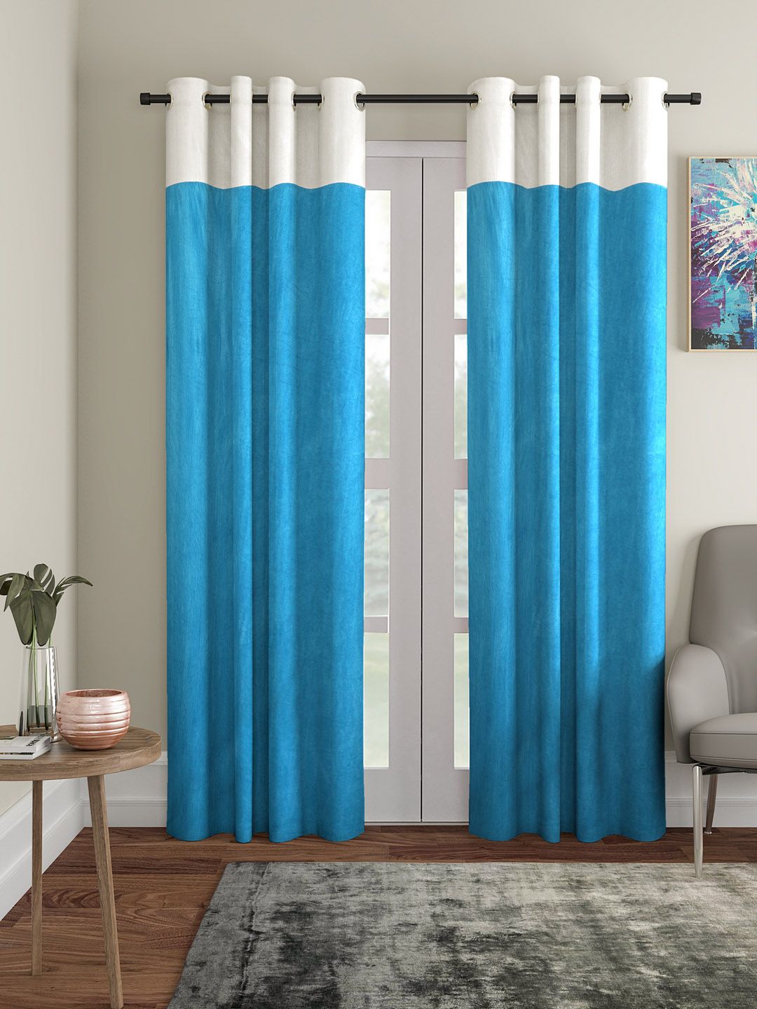 Home Sizzler Turquoise Blue & Off-White Set of 2 Long Door Curtains Price in India