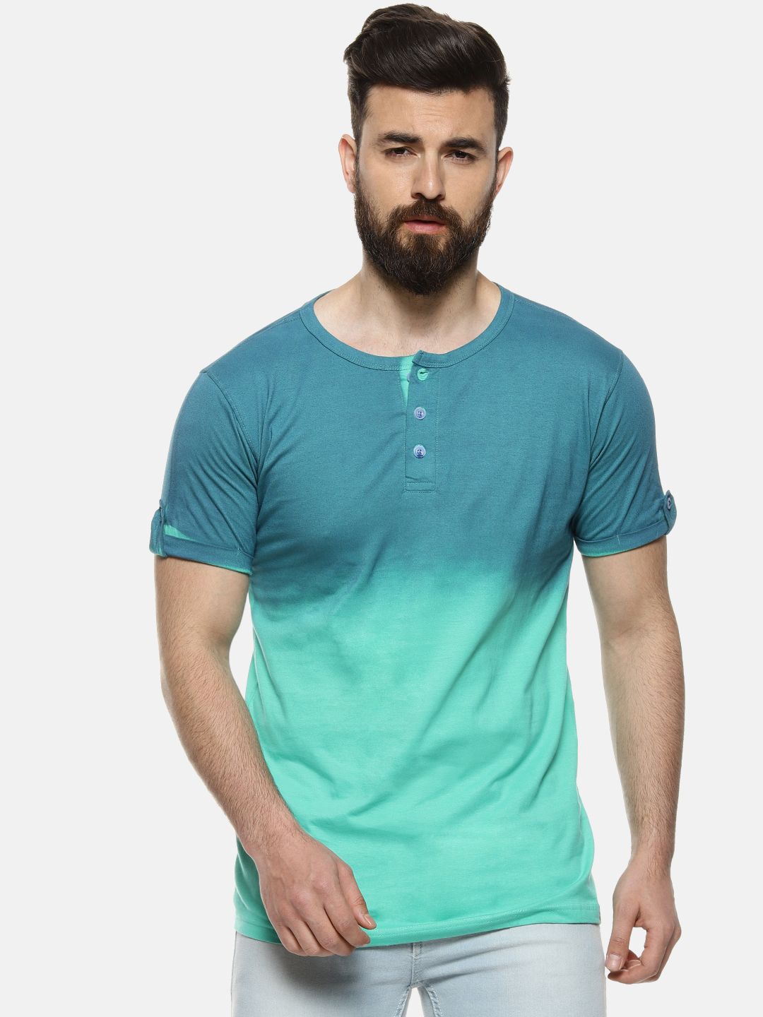 Campus Sutra Men Teal Blue & Teal Green Ombre Henley Neck T-shirt