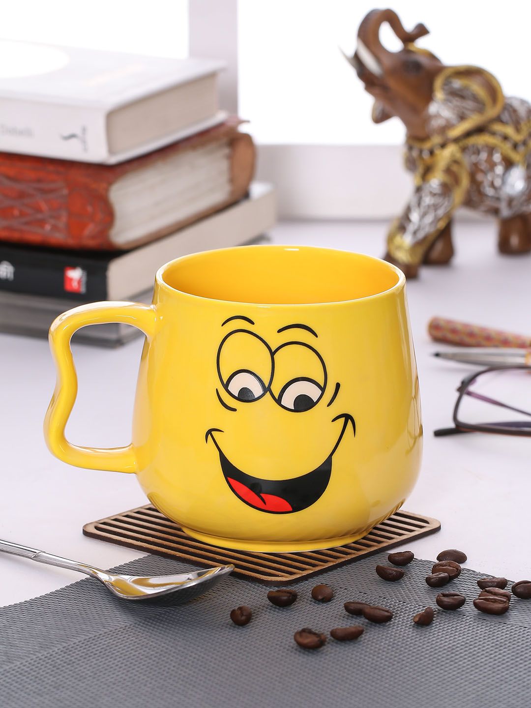 JCPL Set Of 2 Yellow Printed Porcelain Big Emoji Milk Mugs Price in India