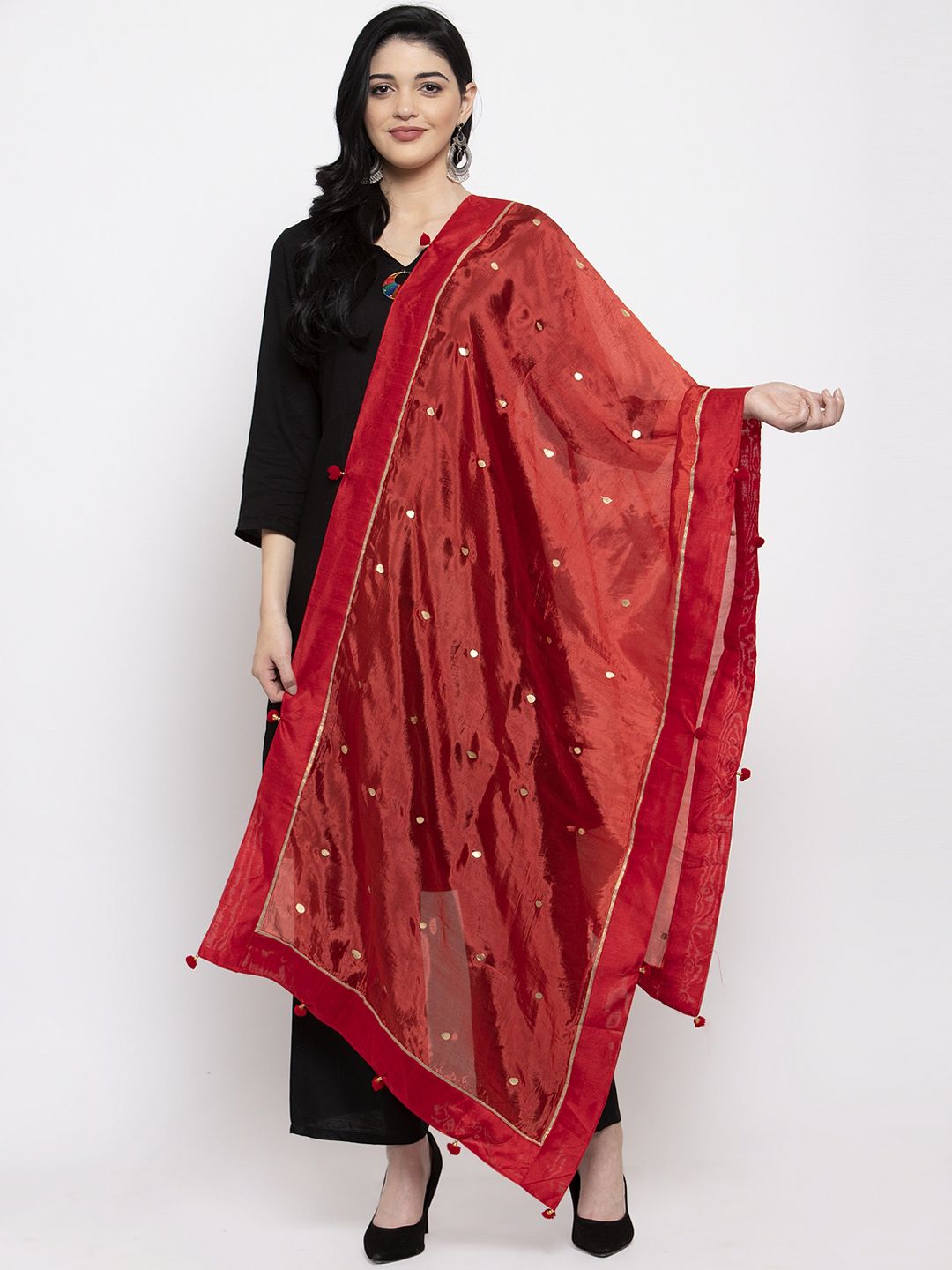 Clora Creation Red & Gold-Coloured Polka Dot Woven Design Dupatta