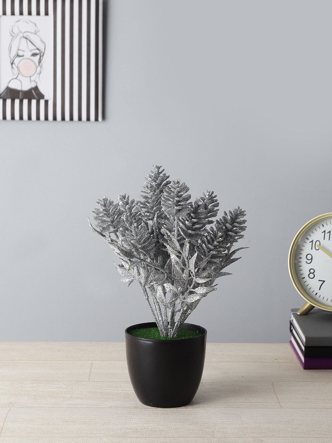 FOLIYAJ Silver-Toned Spray Painted Artificial Pine Cone Plant With Black Pot Price in India