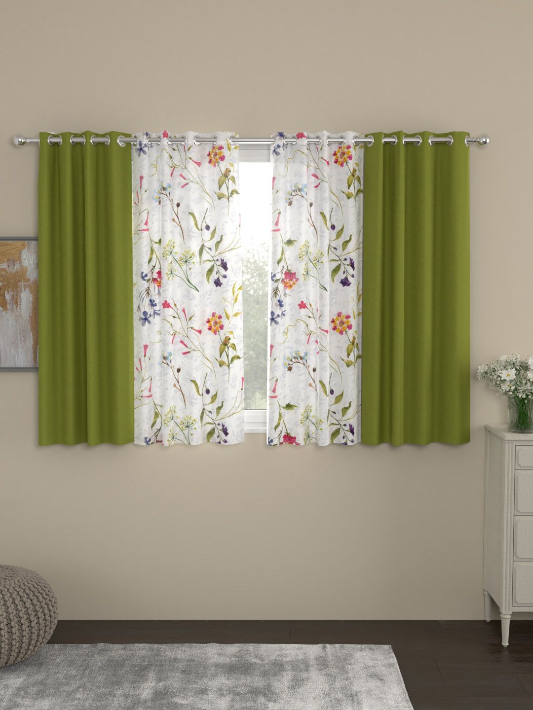 ROSARA HOME White & Green Set of 4 Window Curtains Price in India