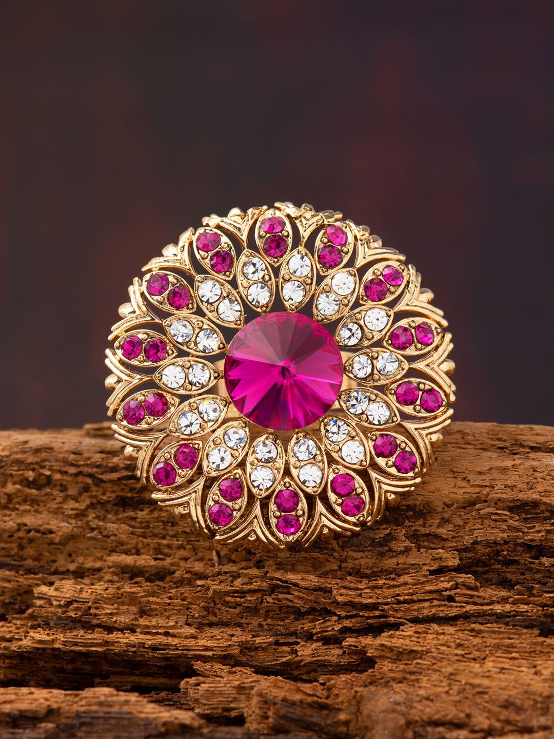 E2O Gold-Plated Pink & White Stone-Studded Handcrafted Finger Ring Price in India