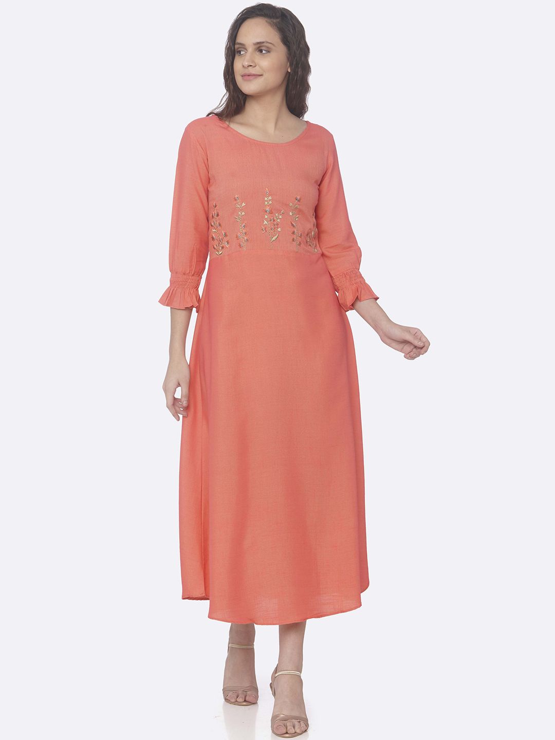 RAISIN Women Peach-Coloured Embroidered A-Line Ethnic Dress Price in India