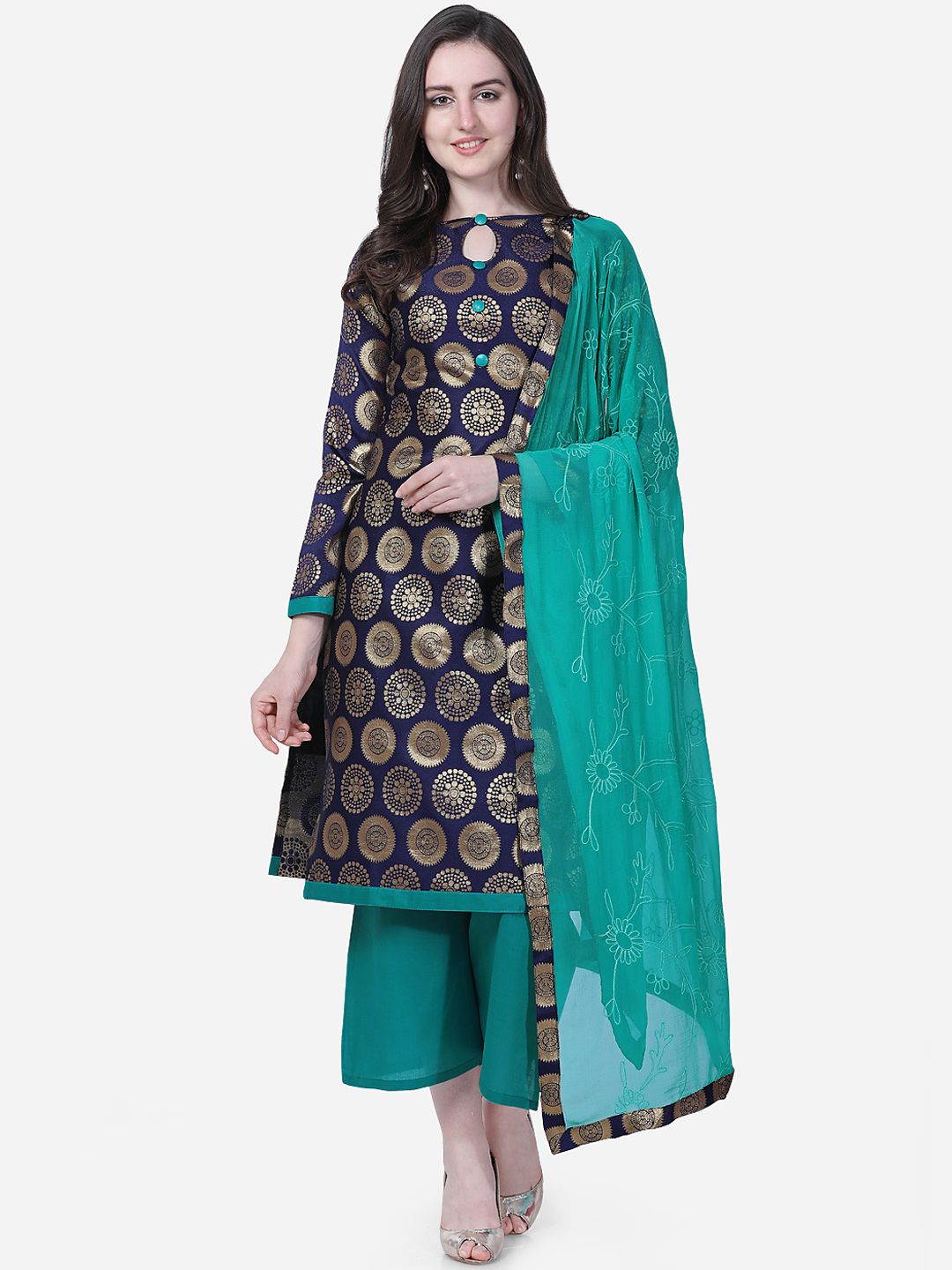 DIVASTRI Navy Blue & Teal Green Poly Silk Unstitched Dress Material Price in India