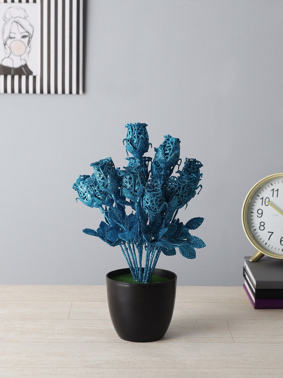 FOLIYAJ Blue Spray Painted Artificial Spiral Rose Plant With Black Pot Price in India