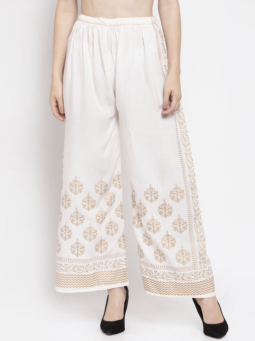 Clora Creation Women Off-White & Golden Printed Wide Leg Palazzos Price in India