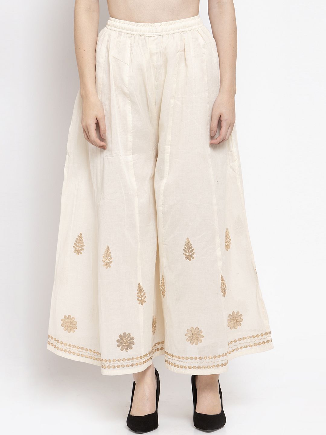 Clora Creation Women Off-White & Golden Applique Flared Palazzos Price in India