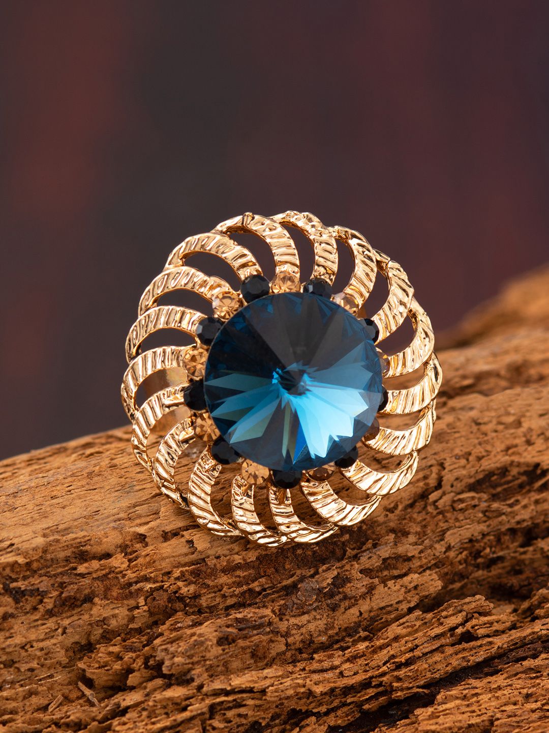 E2O Gold-Plated & Blue Stone-Studded Handcrafted Adjustable Finger Ring Price in India