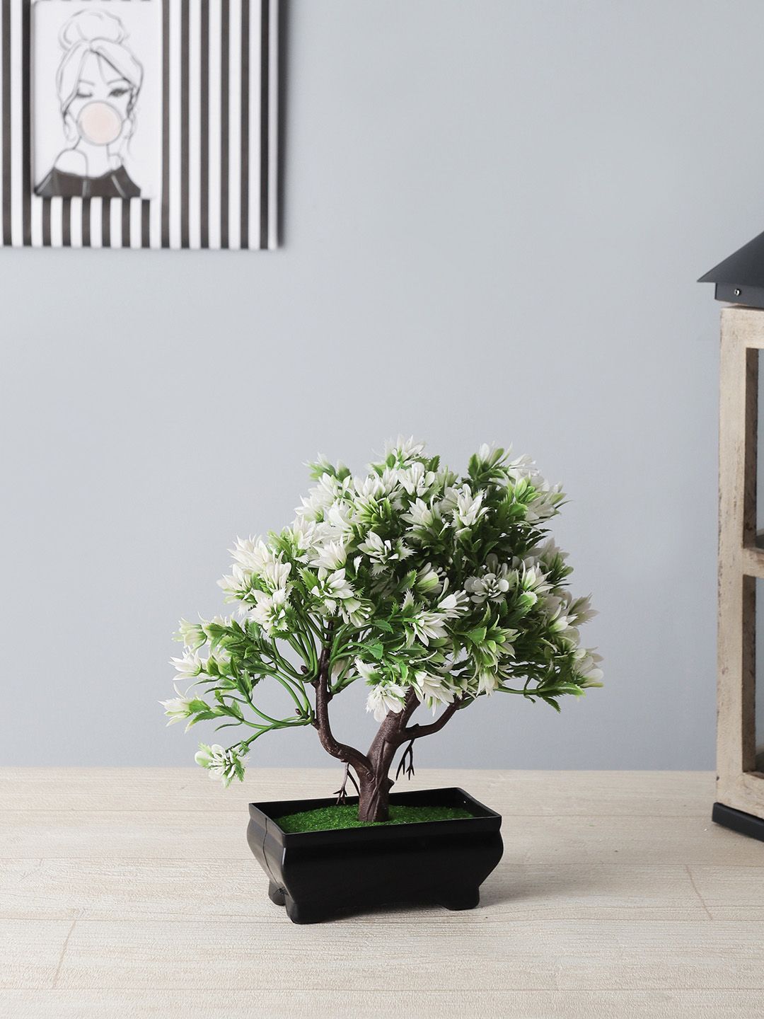FOLIYAJ Green & White Artificial 3 Branched Bonsai Tree With Black Pot Price in India