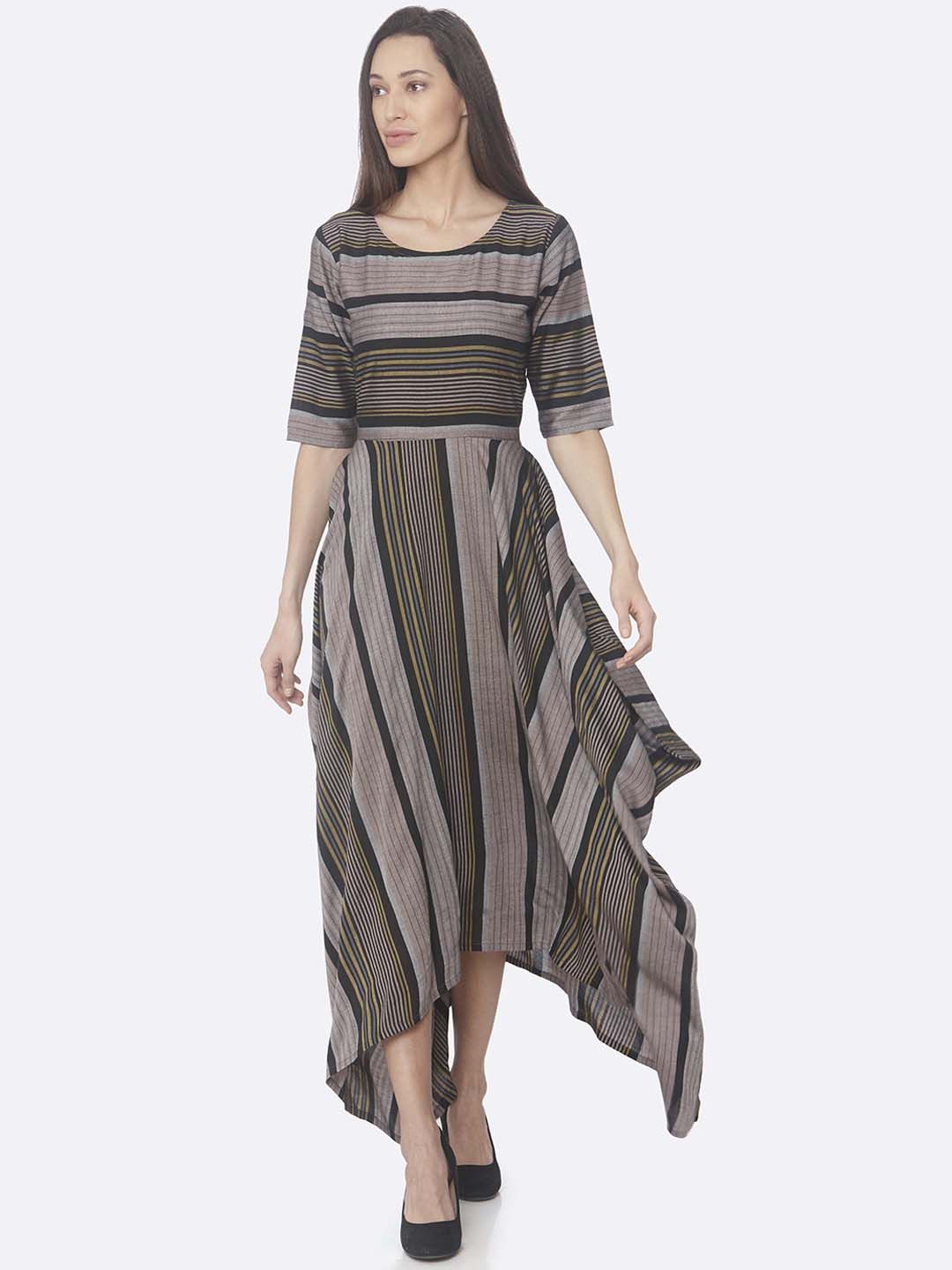 RAISIN Women Black & Taupe Striped Maxi Dress Price in India