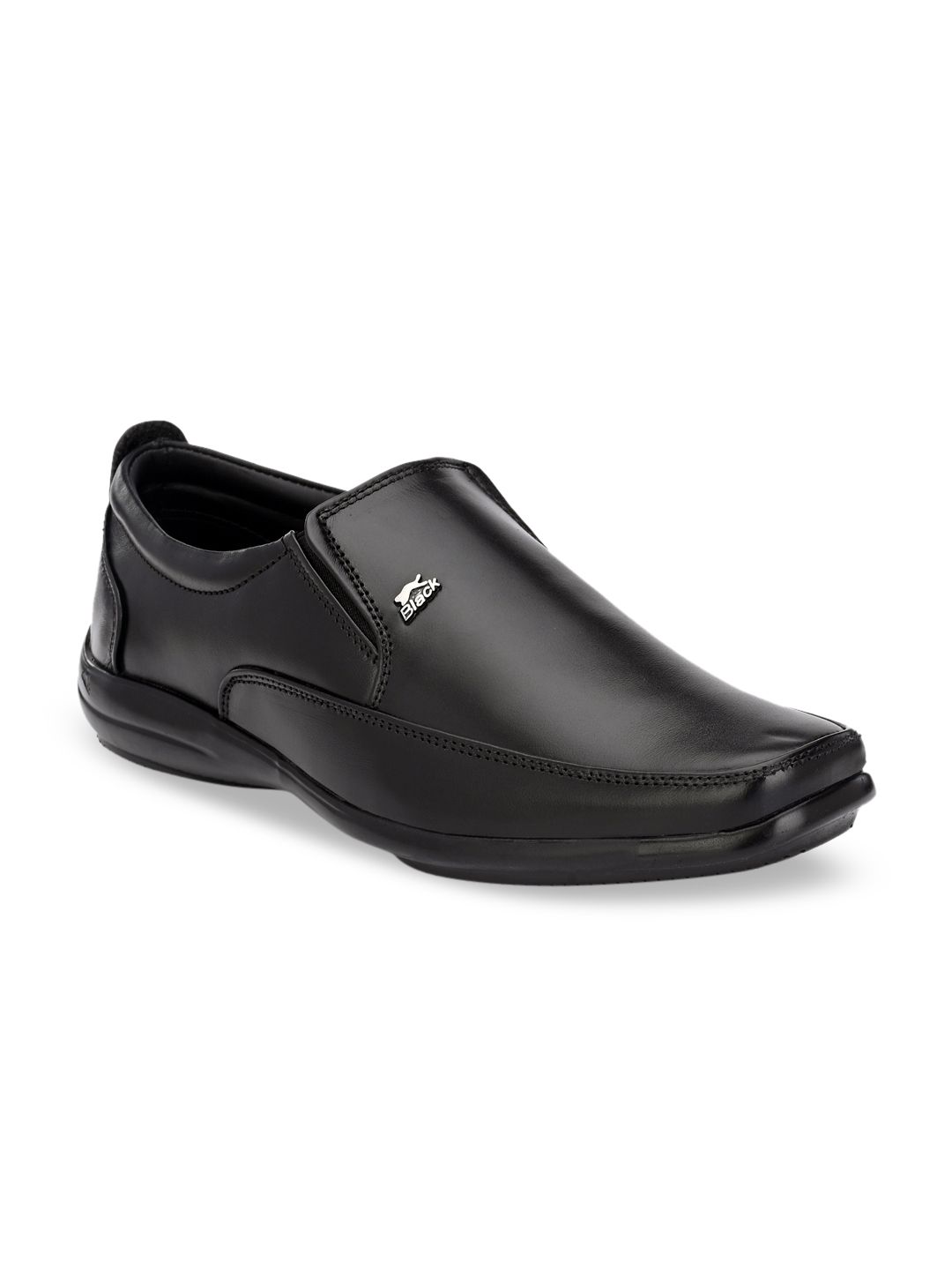 Mactree Men Black Solid Genuine Leather Formal Slip-Ons