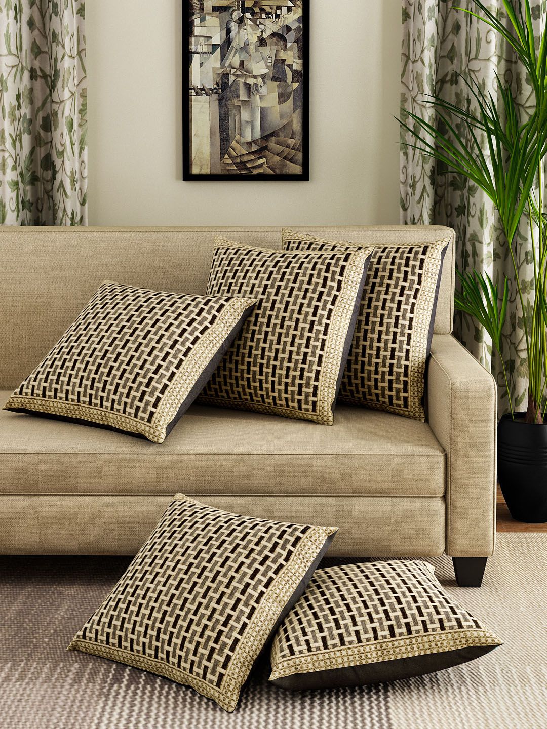 ROMEE Beige & Gold-Toned Set of 5 Chenille Self Design Square Cushion Covers Price in India