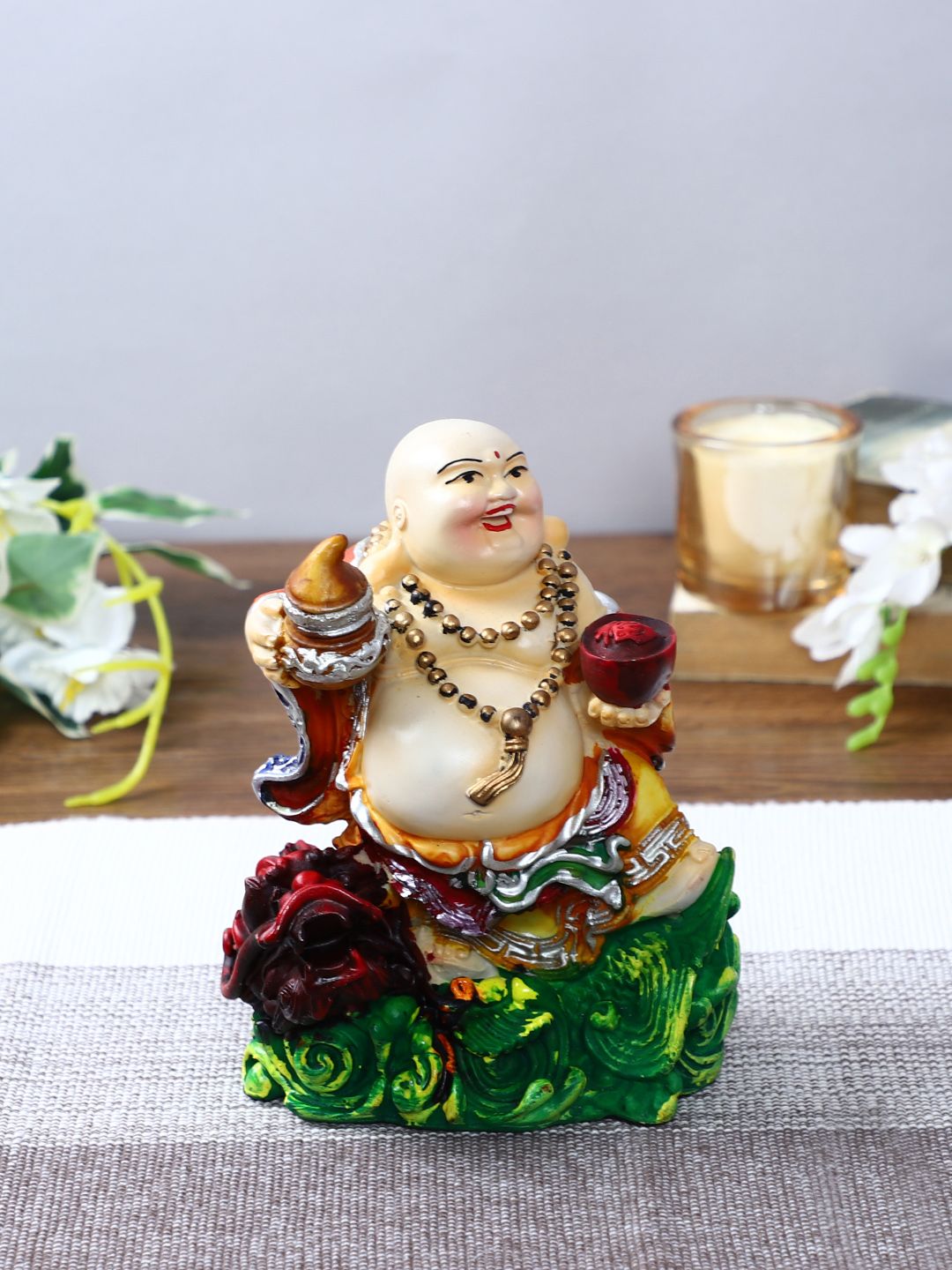 TIED RIBBONS Cream-Coloured & Green Decorative Laughing Buddha Idol Showpiece Price in India