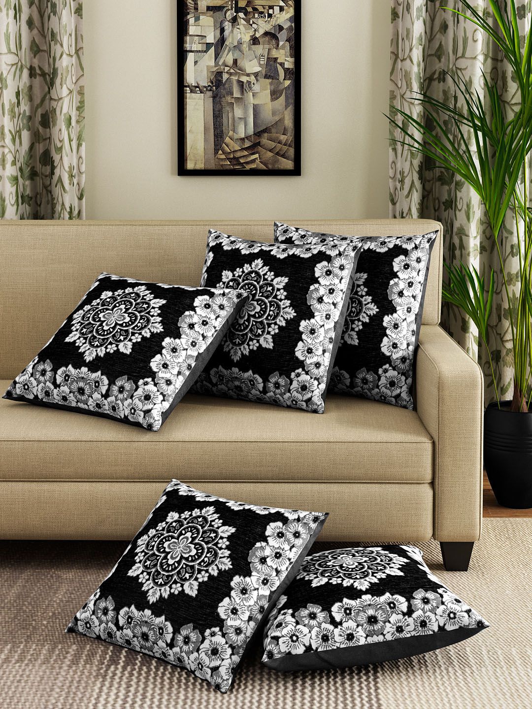 ROMEE Black Set of 5 Floral Square Cushion Covers Price in India