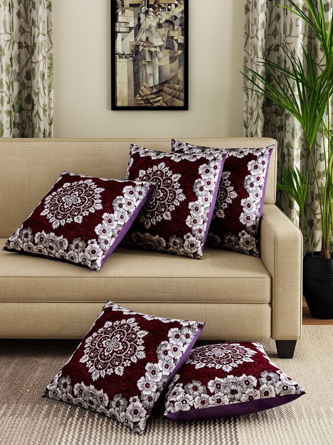 ROMEE Purple Set of 5 Floral Square Cushion Covers Price in India