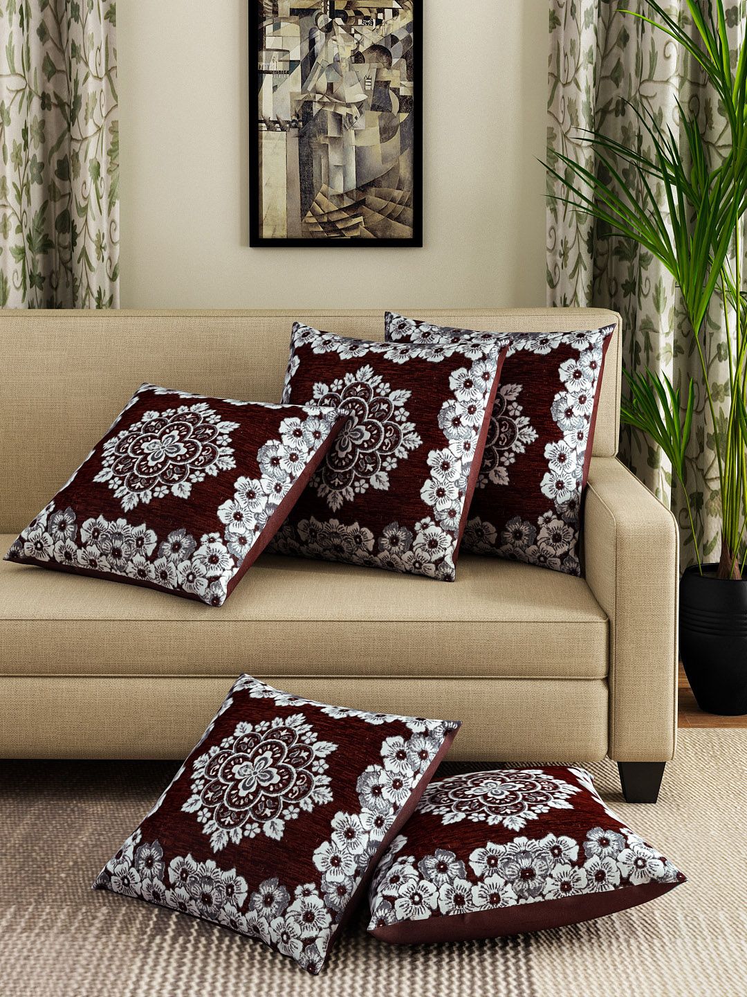 ROMEE Brown Set of 5 Floral Square Cushion Covers Price in India