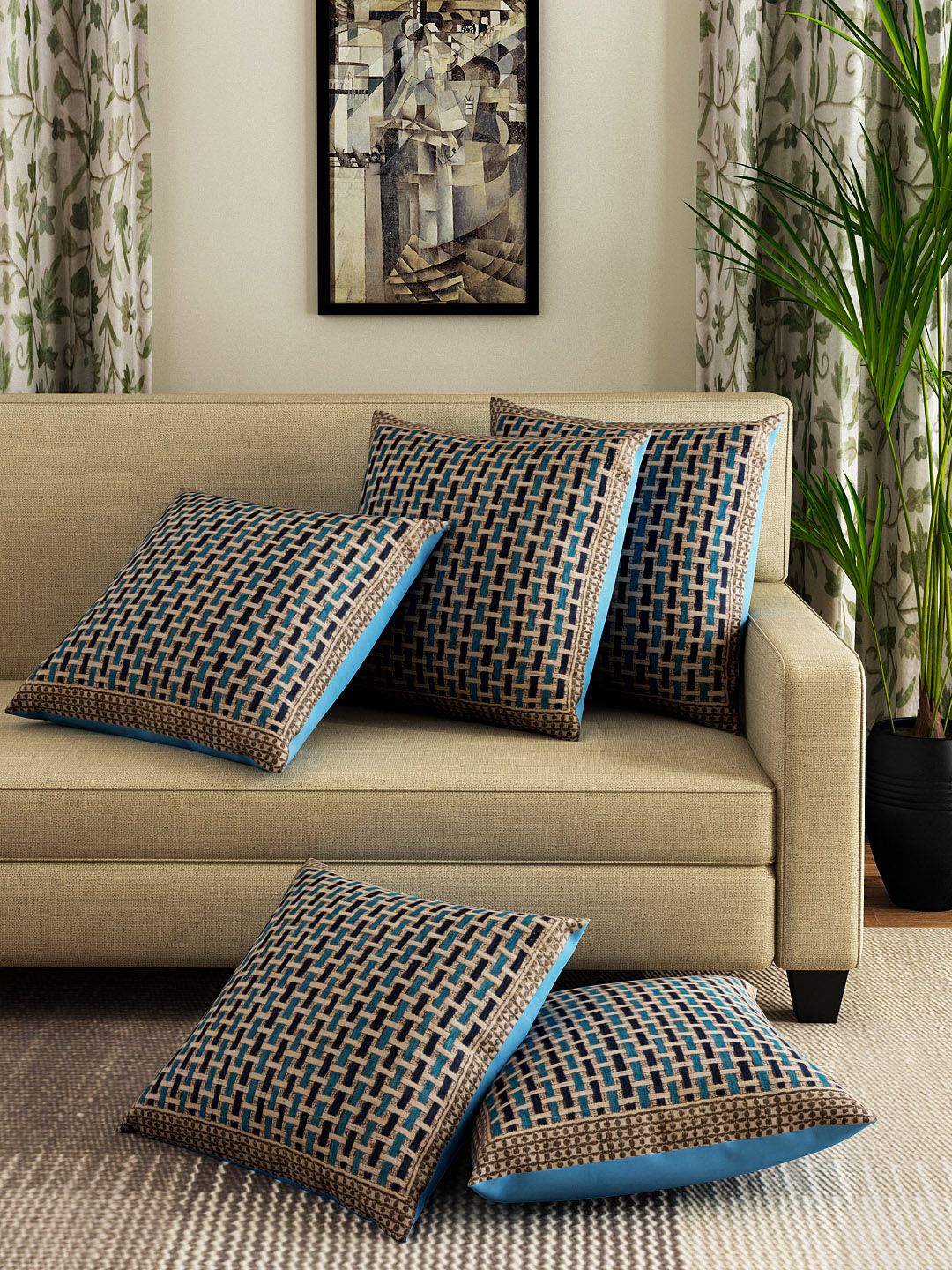 ROMEE Blue & Gold-Toned Set of 5 Self Design Square Cushion Covers Price in India