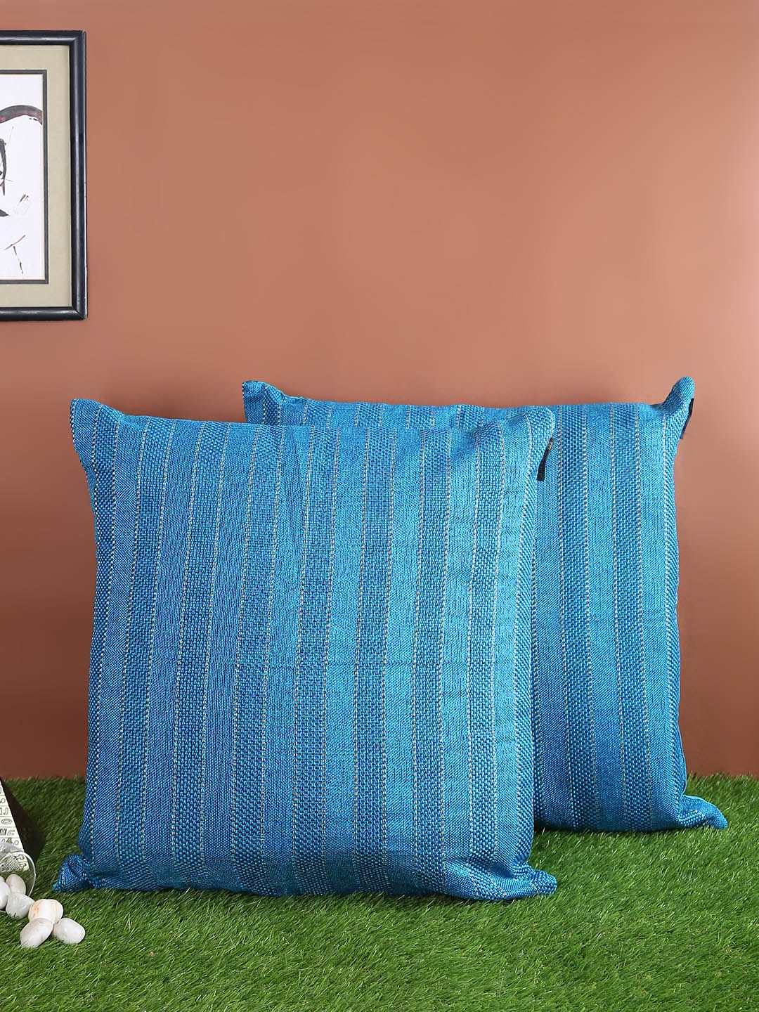 ROMEE Blue Set of 2 Striped Square Cushion Covers Price in India