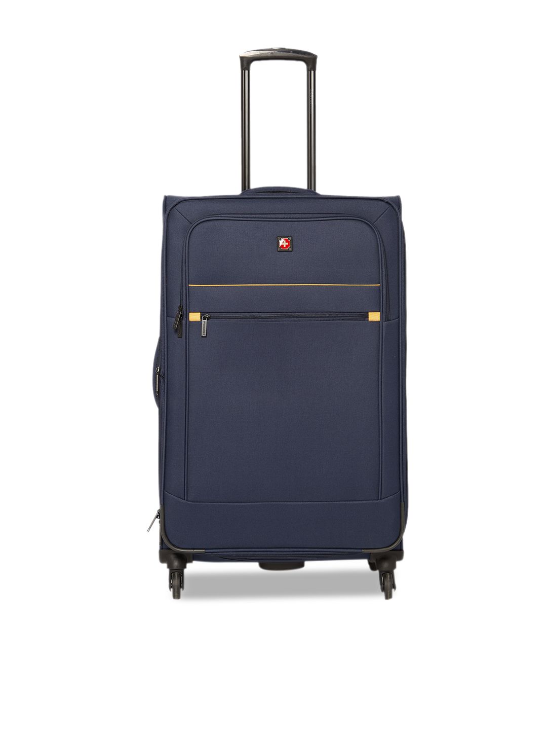 SWISS BRAND Navy Blue Solid Barcelona 360-Degree Rotation Soft-Sided Large Trolley Suitcase Price in India