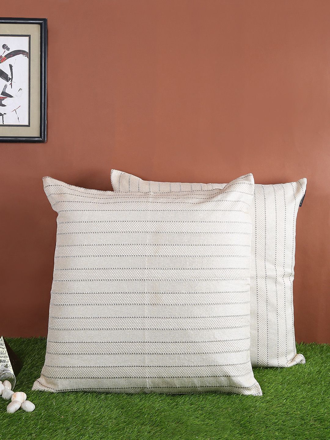 ROMEE White Set of 2 Striped Square Cushion Covers Price in India