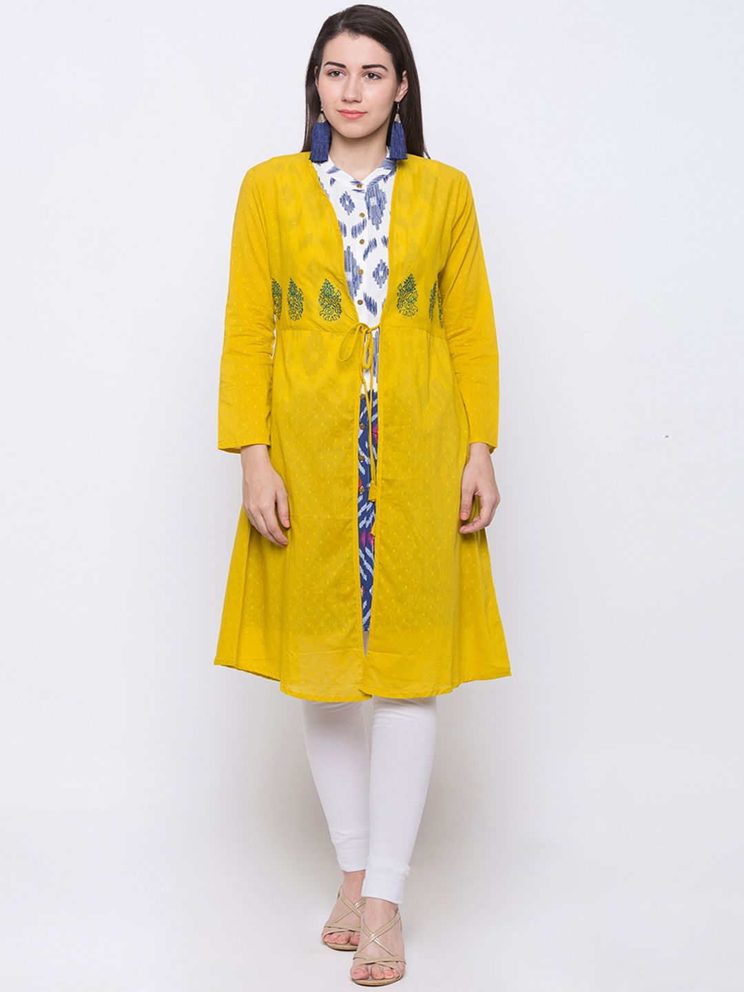 Globus Women Yellow Self Design Tie-Up Shrug Price in India