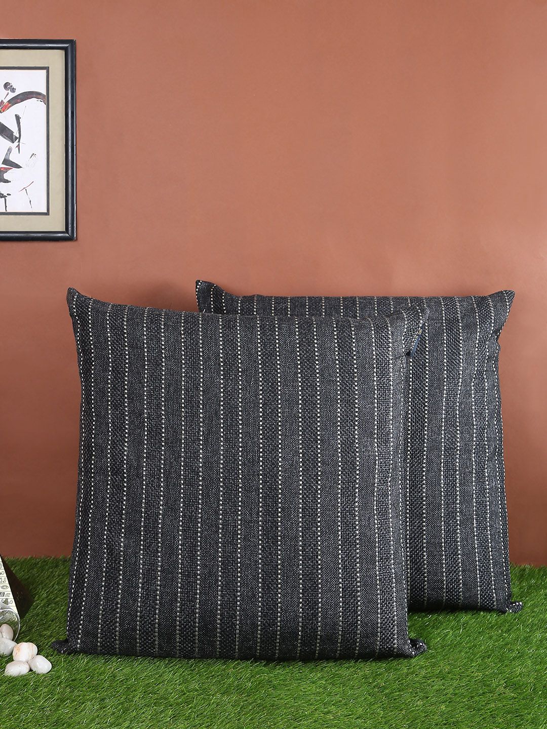 ROMEE Black Set of 2 Striped Square Cushion Covers Price in India