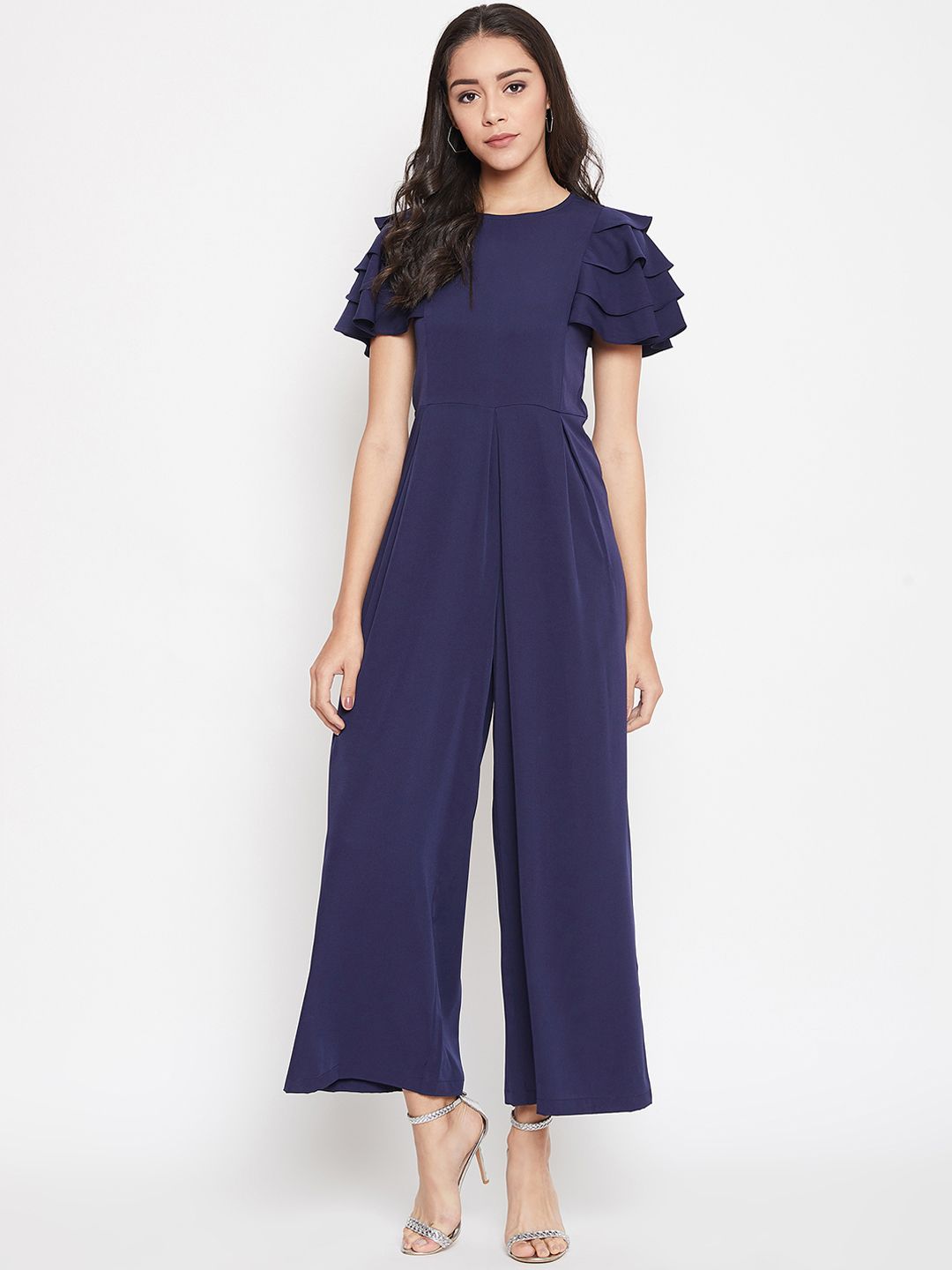 Uptownie Lite Women Navy Blue Solid Basic Ruffle Jumpsuit Price in India
