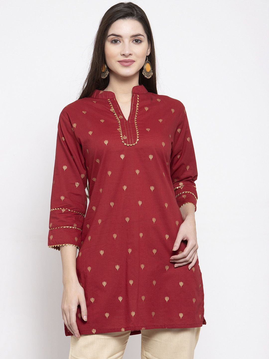 Bhama Couture Women Maroon & Golden Foil Print Tunic Price in India