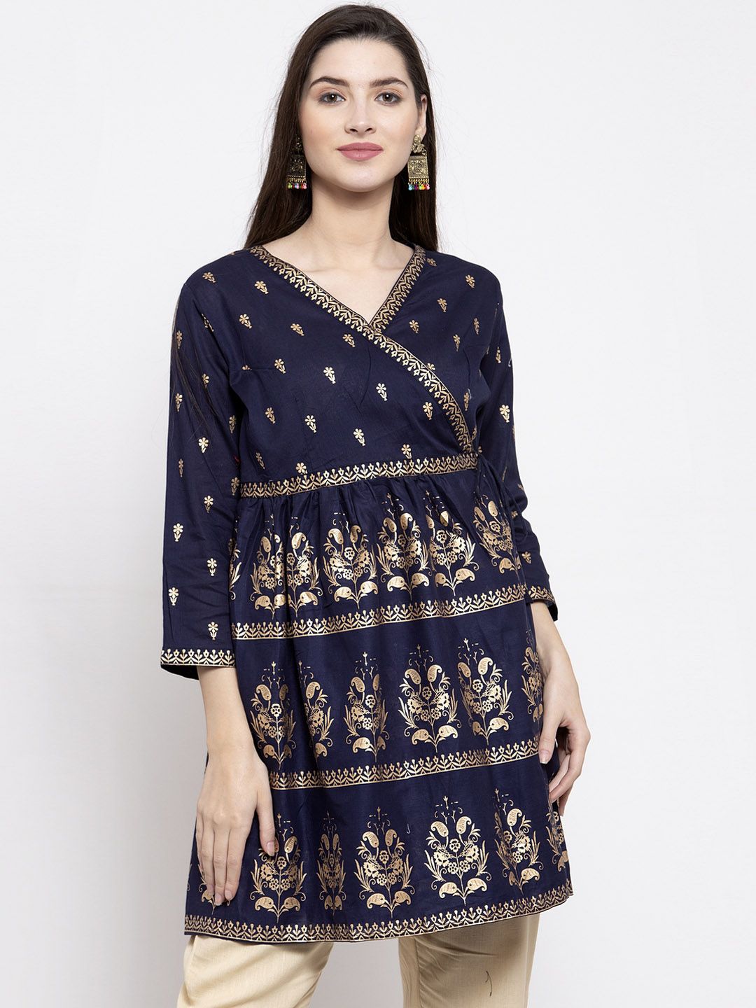 Bhama Couture Women Navy Blue & Golden Foil Print Angrakha Tunic Price in India