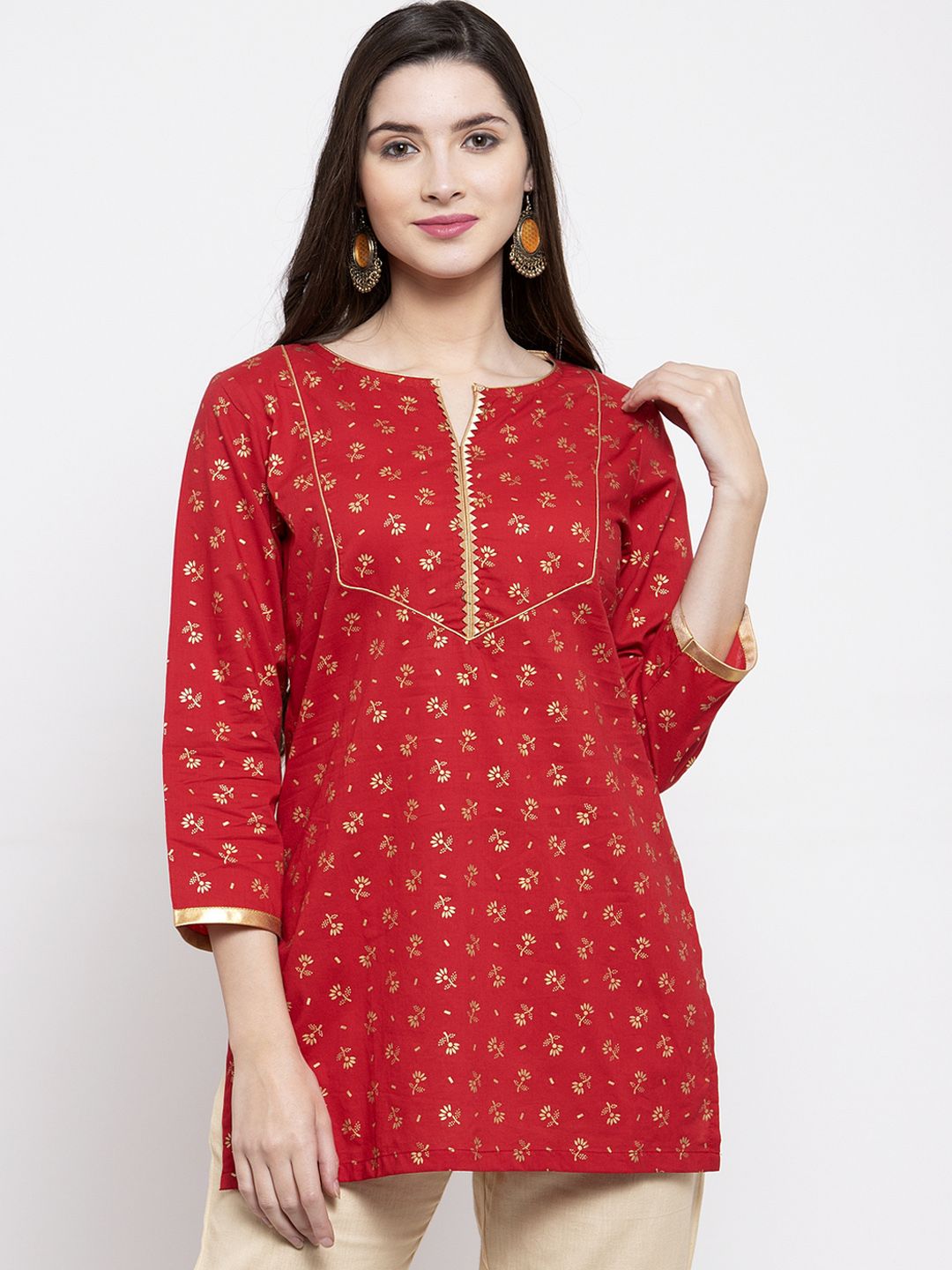Bhama Couture Women Red & Golden Foil Print Tunic Price in India
