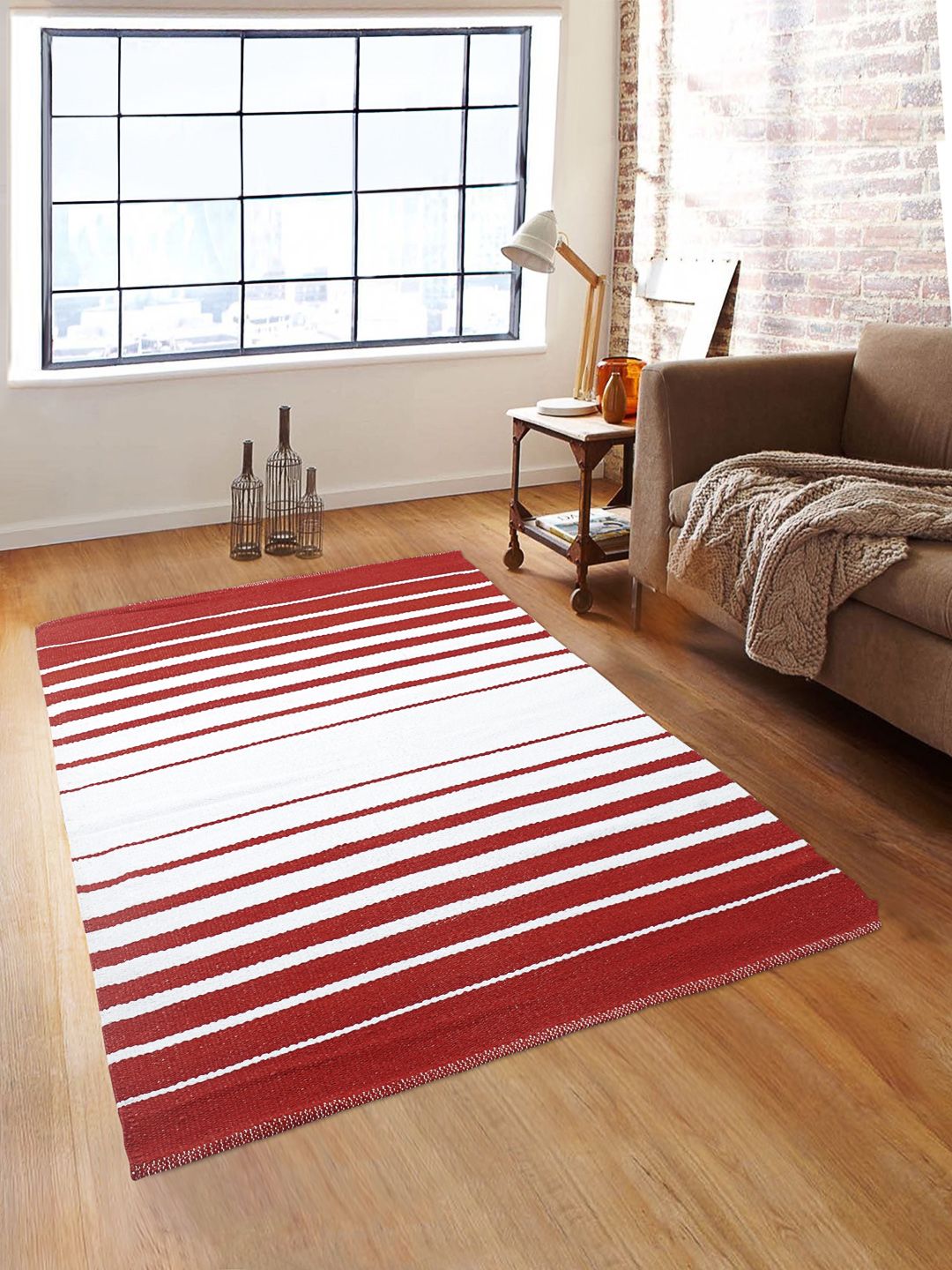 ROMEE Red & White Striped Anti-Skid Dhurrie Price in India