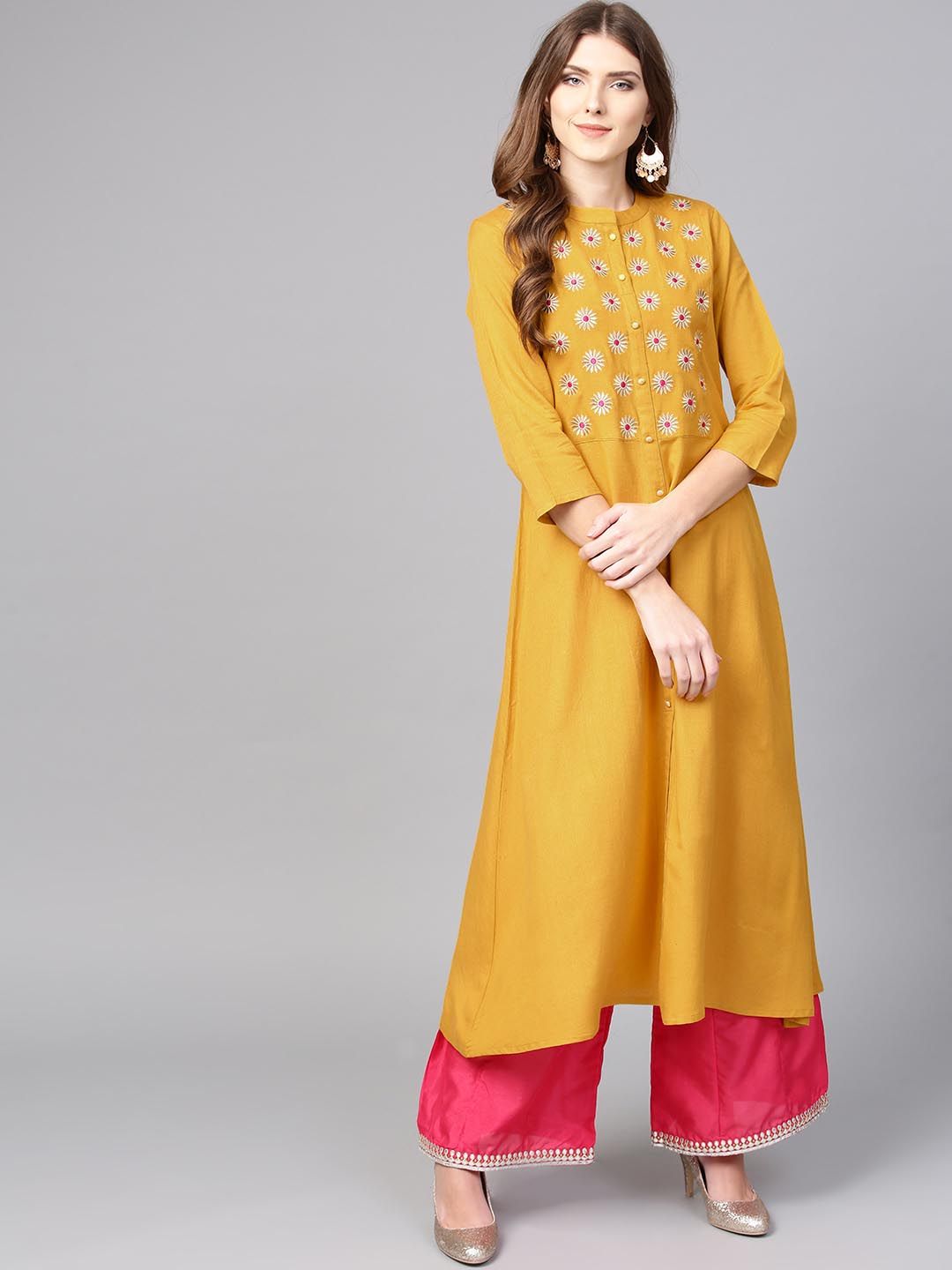 Varanga Women Mustard Yellow Embroidered A-Line Kurta Price in India