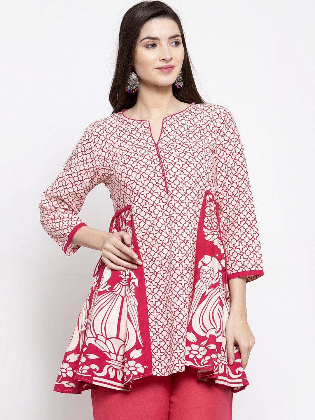 Bhama Couture Women's Off-White & Pink Printed Tunic Price in India