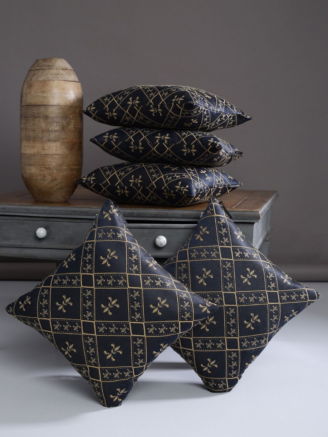 ROMEE Navy Blue Set of 5 Ethnic Motifs Square Cushion Covers Price in India